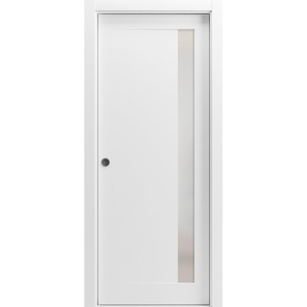 Sartodoors Sliding French Pocket Door 36 x 84in W/, Painted White W/ Frosted Glass, Kit Trims Rail Hardware PLANUM0660PD-BEM-3684